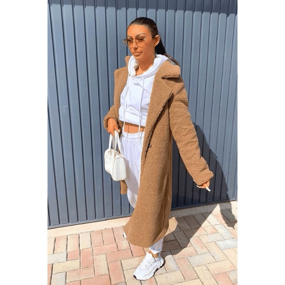 Brown Double Breasted Long Sleeve Long Maxi Borg Teddy Bear Fur Coat - Picture 7 of 11